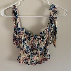 Blue Life Cream Floral Smocked Tie-Shoulder Crop Top